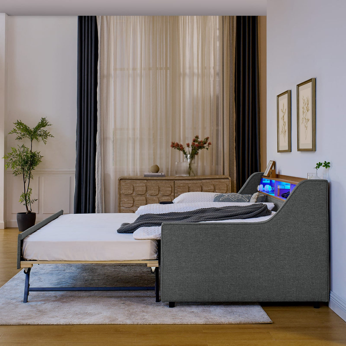 Grey Twin Sofa Bed with LED Lights, Trundle & Charging Storage for Living Room