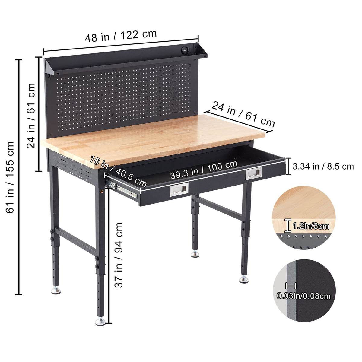 Adjustable Height Workbench - 28" x 24" Wood & Steel Desk for Garage or Home Office