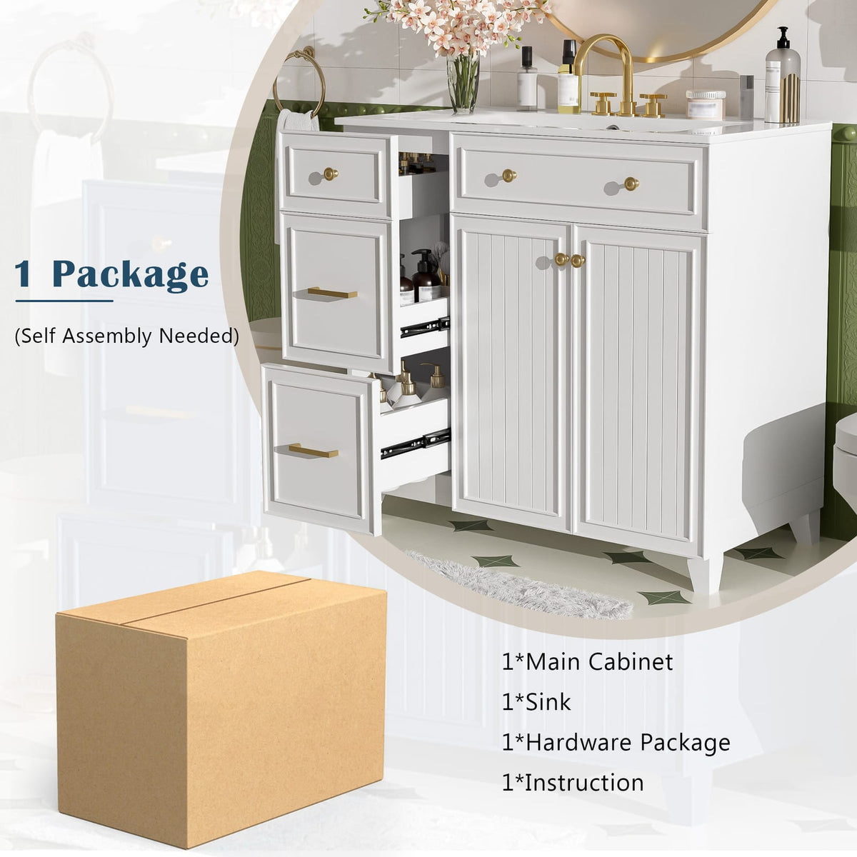 36 Inch White Bathroom Vanity with Ceramic Sink and Adjustable Storage