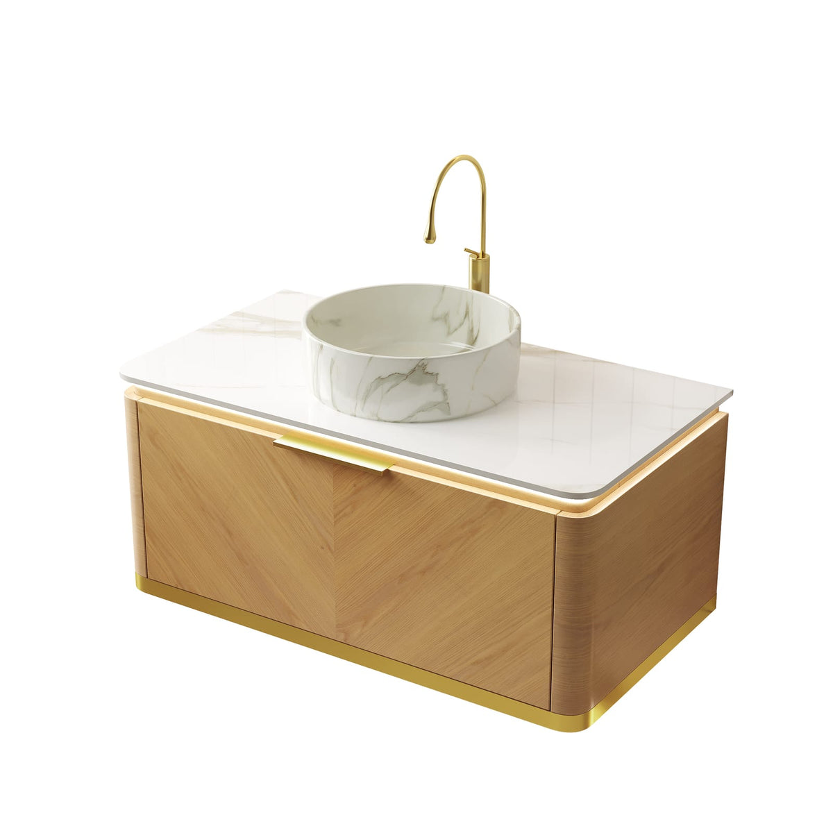 DIPA 36" Carrara White & Golden Oak Bathroom Vanity - Plywood Storage
