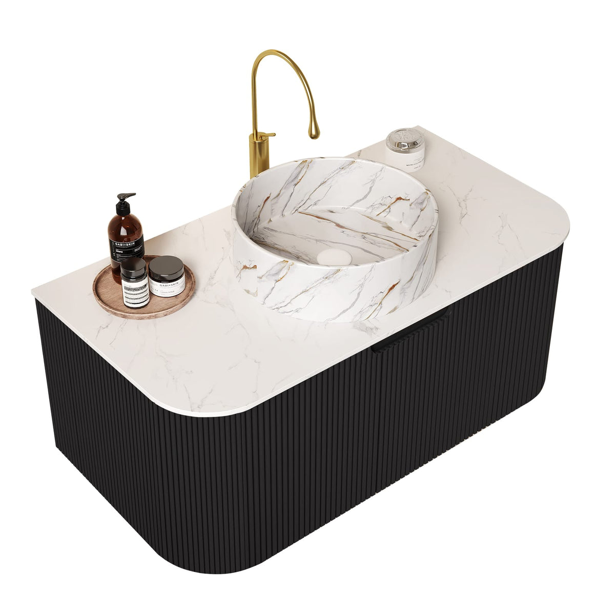36 Inch Wall-Mounted Bathroom Vanity with Ceramic Basin and Plywood Storage