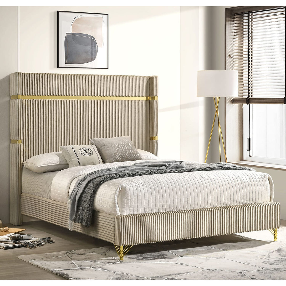 Beige Upholstered Queen Wingback Bed - Classic Modern for Bedroom