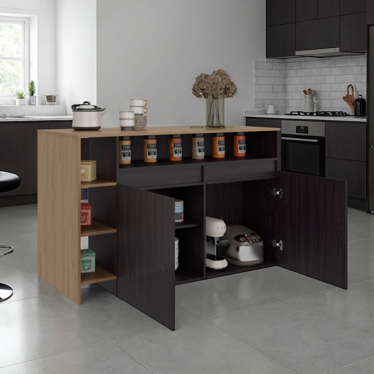 Black & Natural Kitchen Bar with Storage, 35.4" Countertop for Dining Room