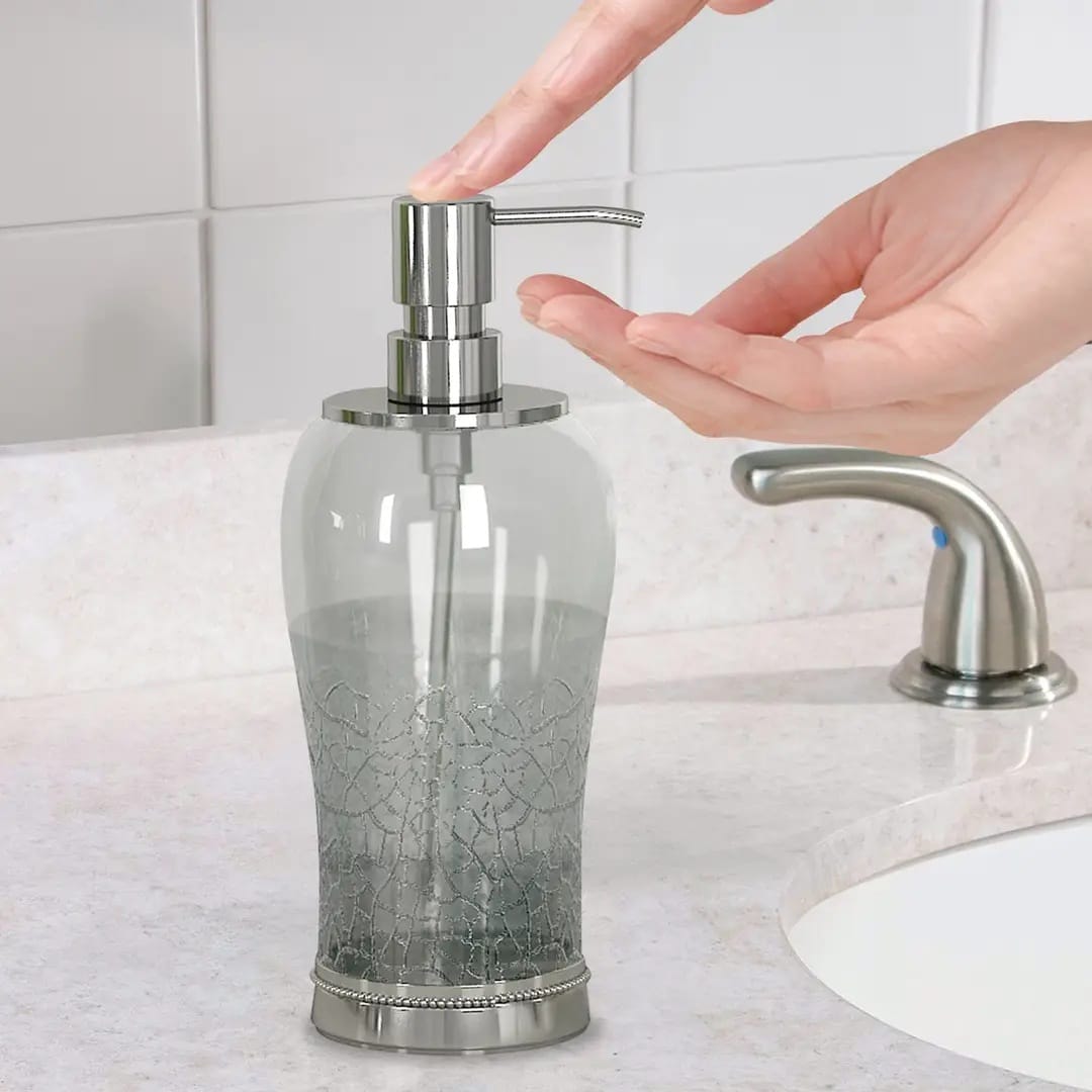 Bathroom Glass Liquid Soap Dispenser - Smoke Crackle Finish, Holds Lotion & Sanitizer