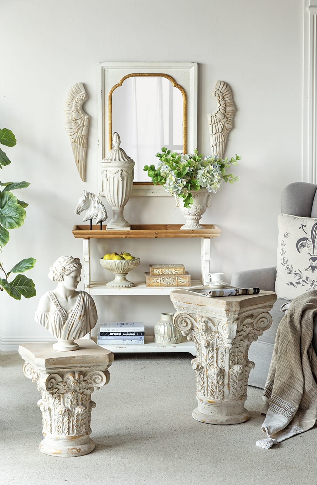 White Gold Ornate Pedestal Stand - 14" Height Display Shelf for Living Room