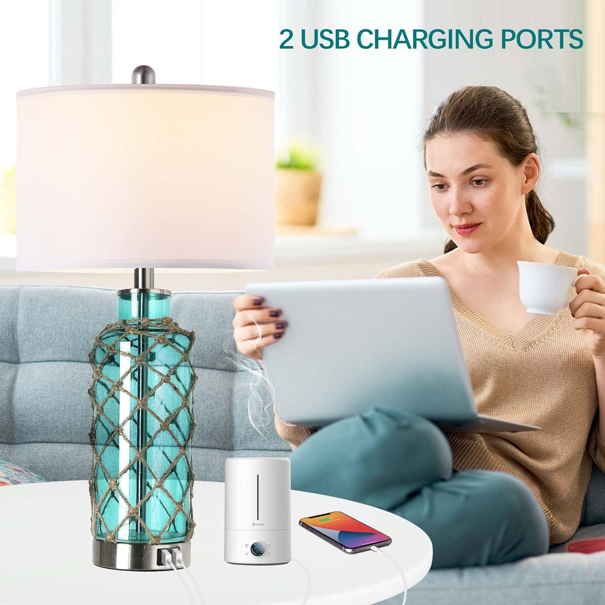Green Metal Table Lamps Set - 2 Touch Control Bedside Lamps with USB Ports