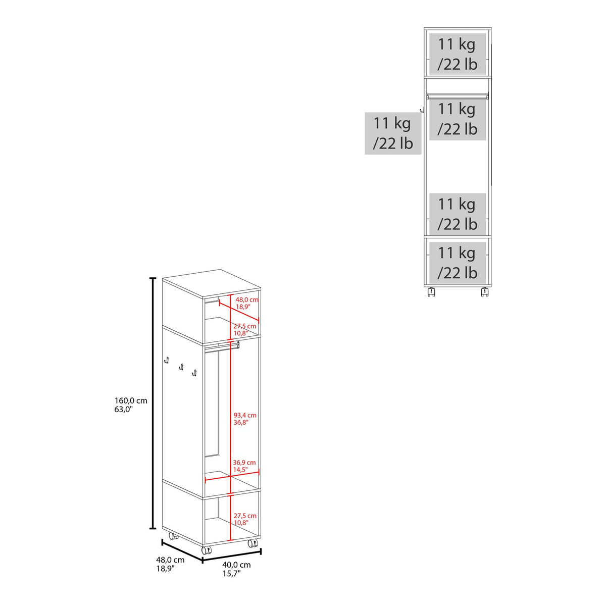 White Wooden Wardrobe with Wheels, Three Shelves, and Full-Length Mirror for Bedroom