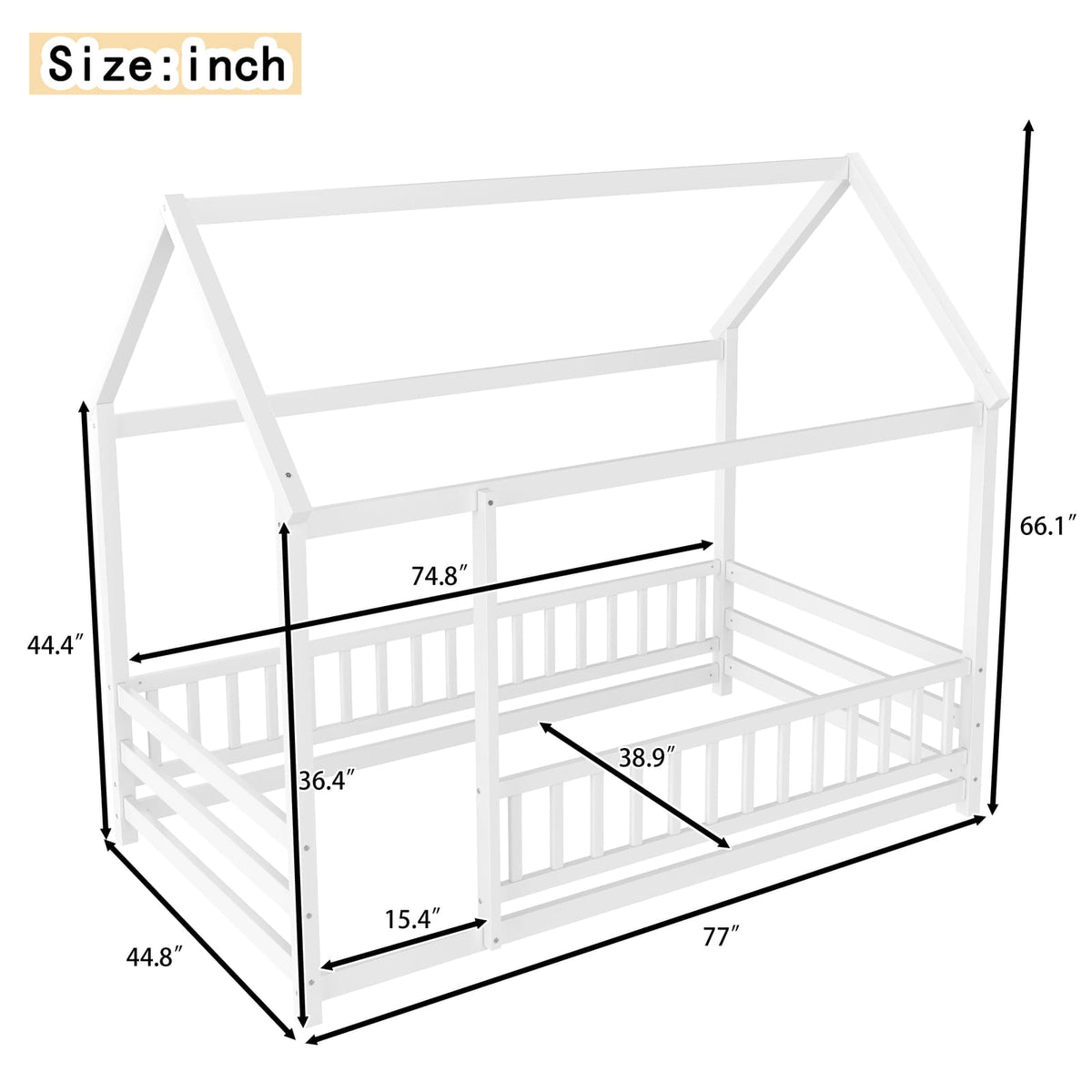Twin Size Wooden Bed with House Roof Frame, White for Bedroom