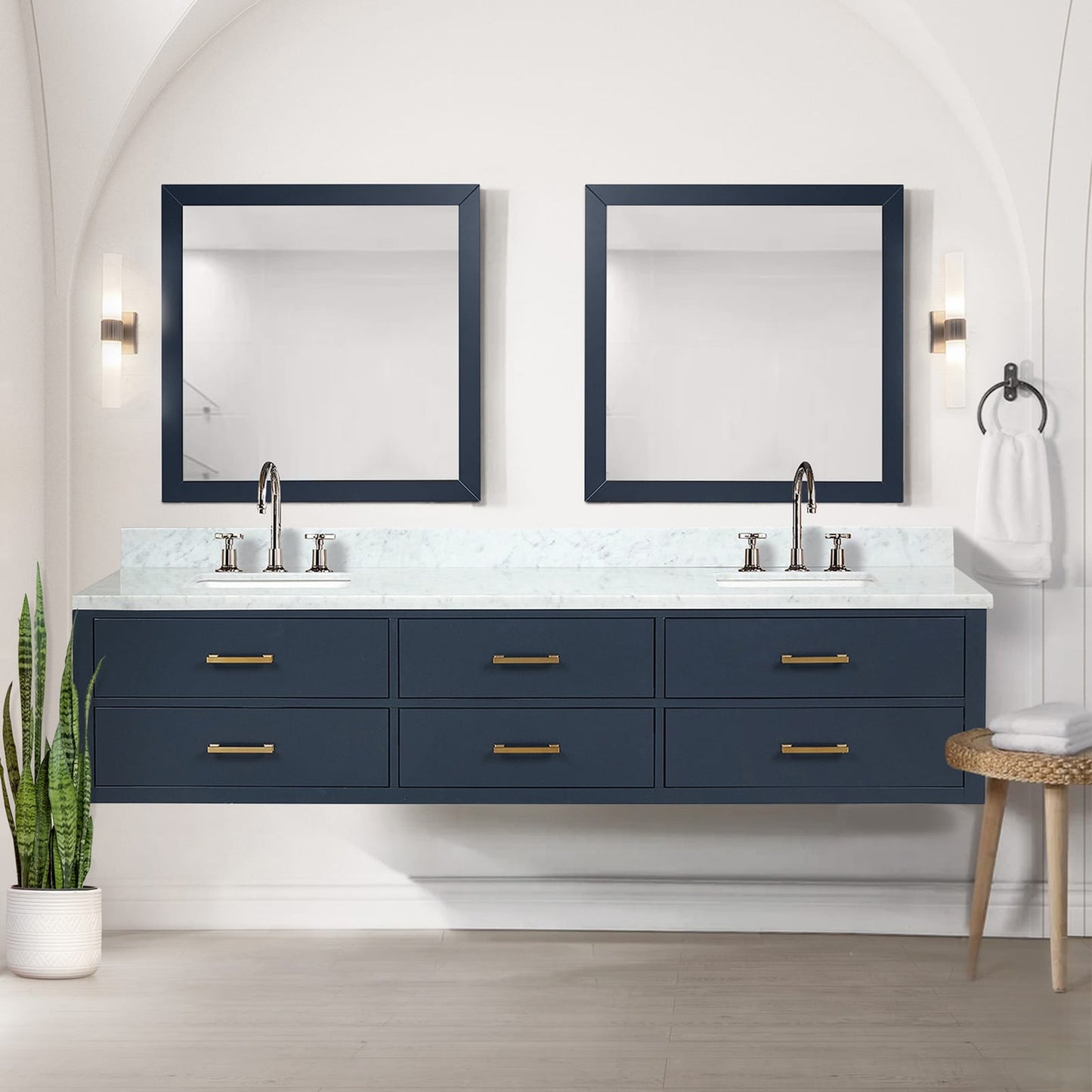Blue Double Bathroom Vanity with Carrara Marble Top