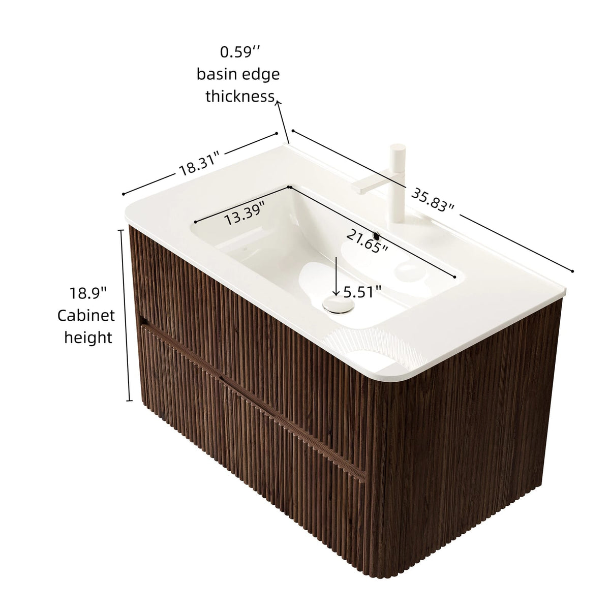 NOOR 36" Bathroom Vanity - White Ceramic + Walnut Woodgrain Storage