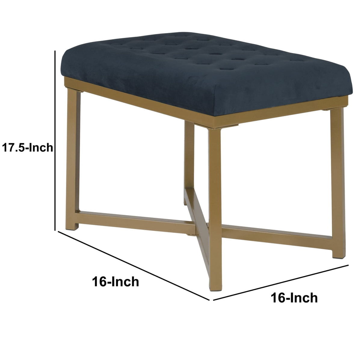 Metal Framed Bench - Dark Blue Velvet, Gold Finish