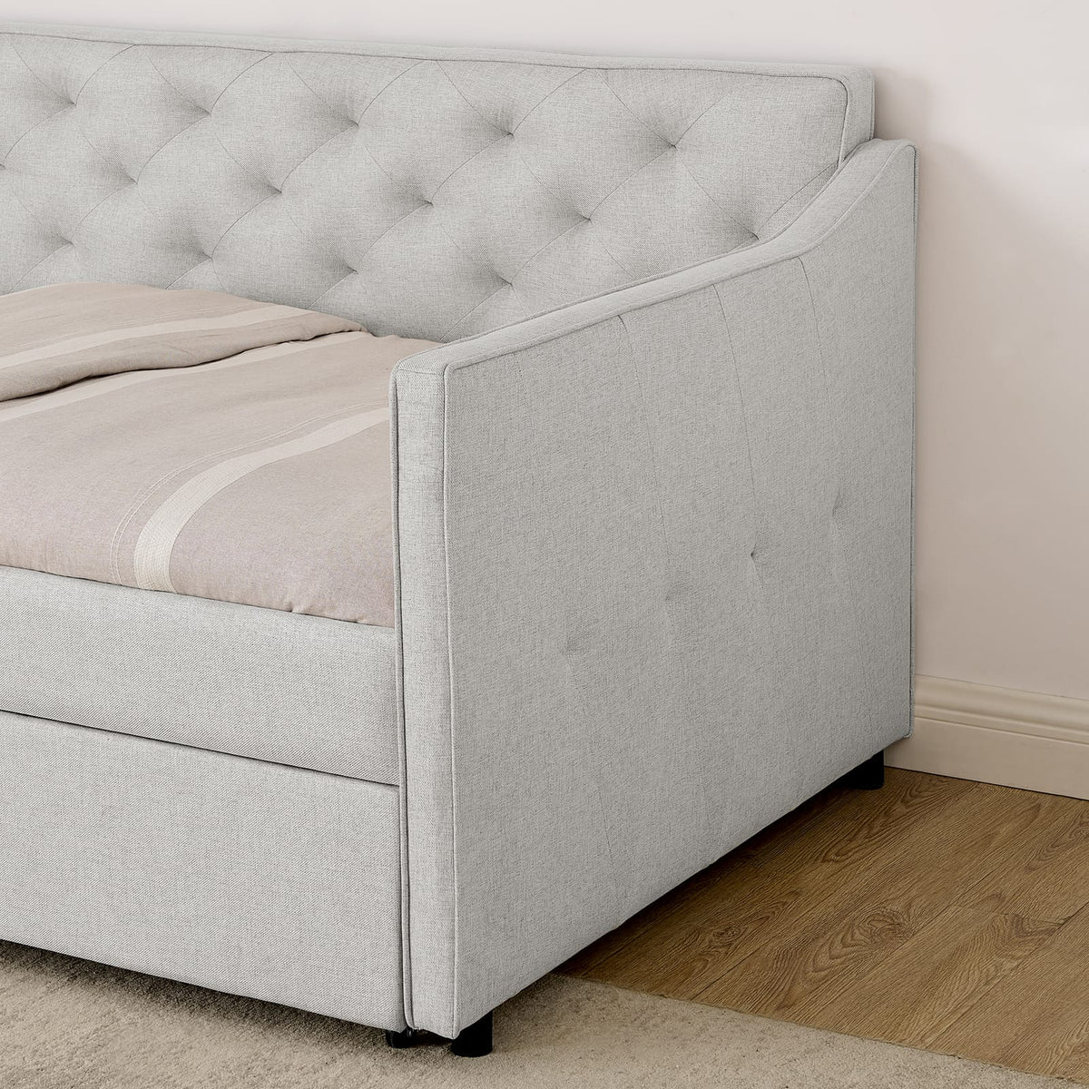 Beige Linen Twin Daybed with Trundle and USB Charging Design