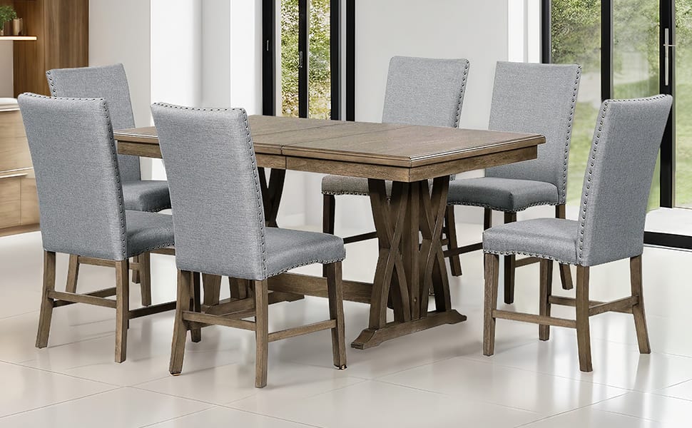 Mid-Century Solid Wood Dining Table Set - 7 Piece with Upholstered Chairs