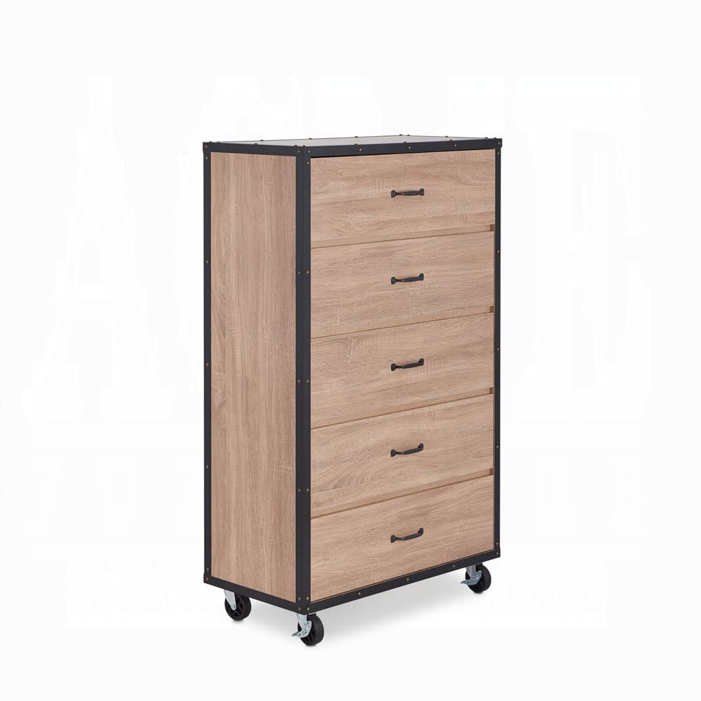 Oak 5-Drawer Dresser with Caster Wheels for Bedroom
