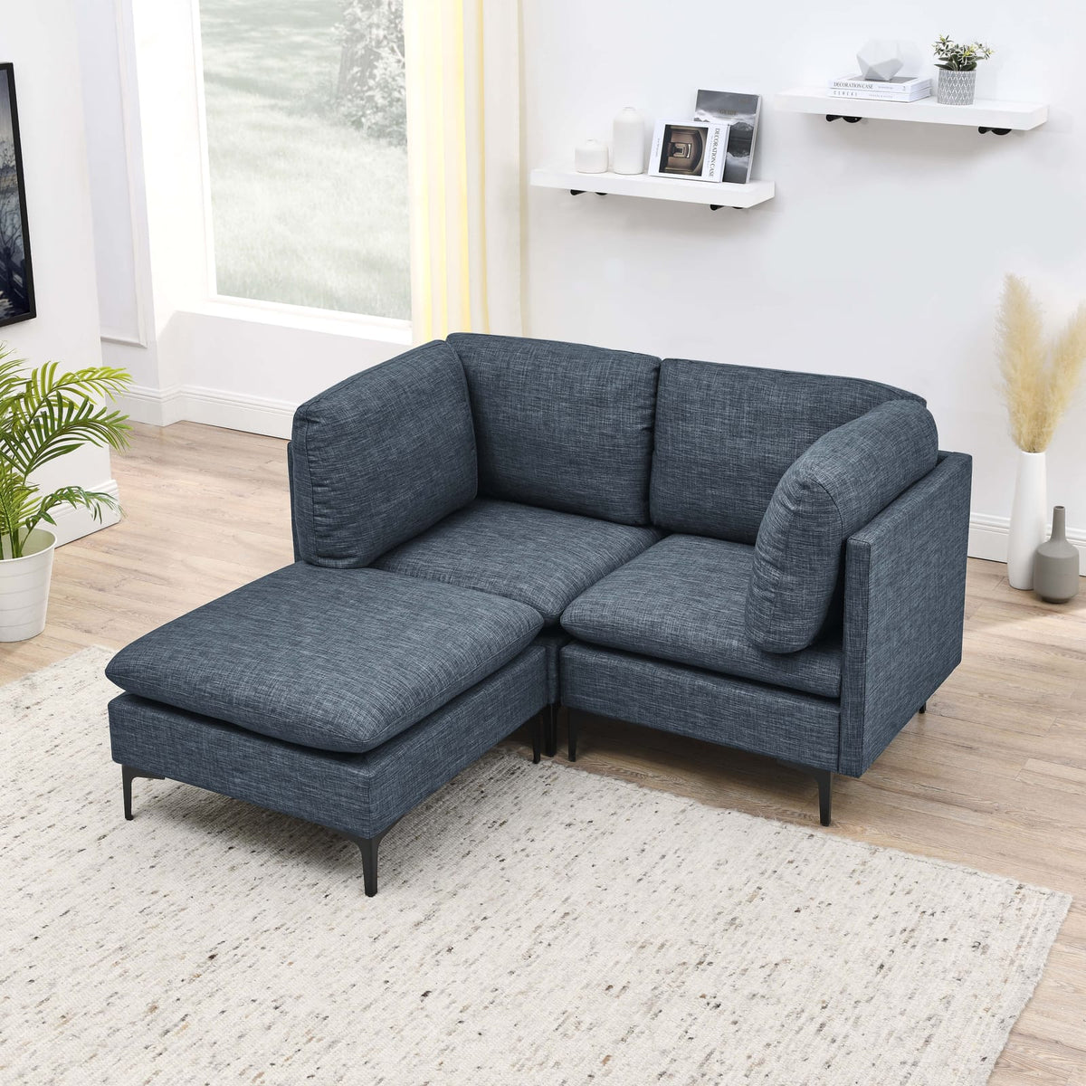 Dark Blue 3 Seat Linen Sectional Sofa