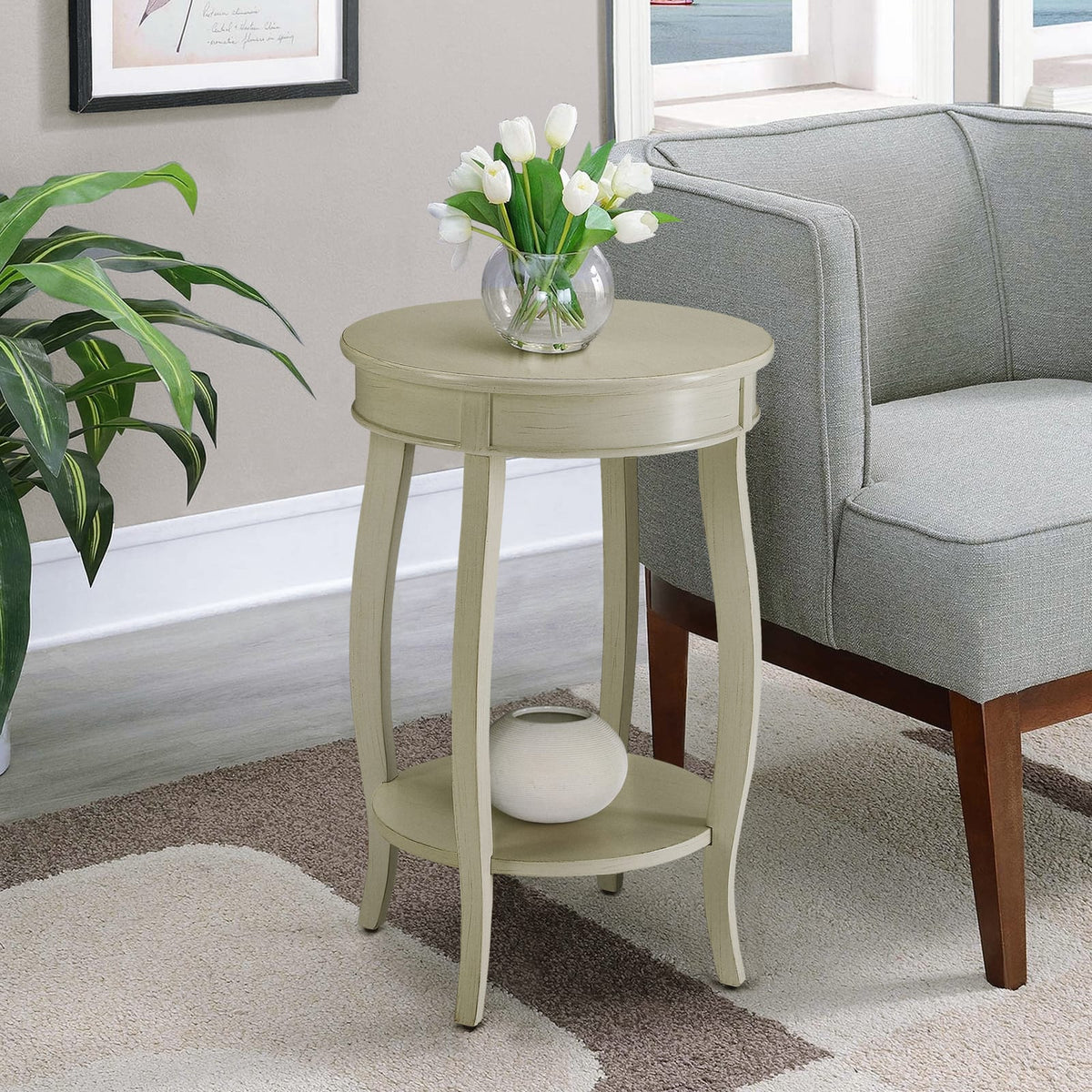 Antique White Round Side Table with Storage Shelf for Living Room