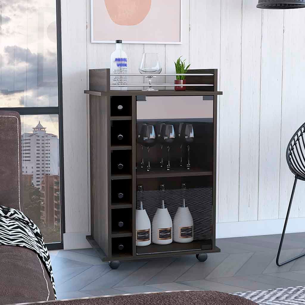 Espresso Particle Board Bar Cart with 6 Liquor Cubbies for Kitchen Storage