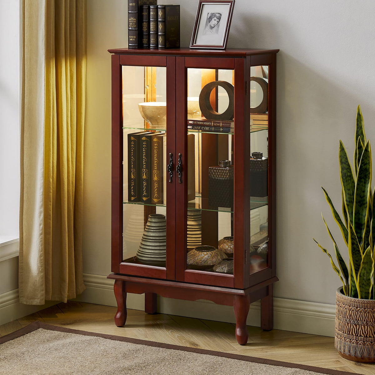 Cherry Mirrored Curio Cabinet - Adjustable Shelves & Lighting for Living Room