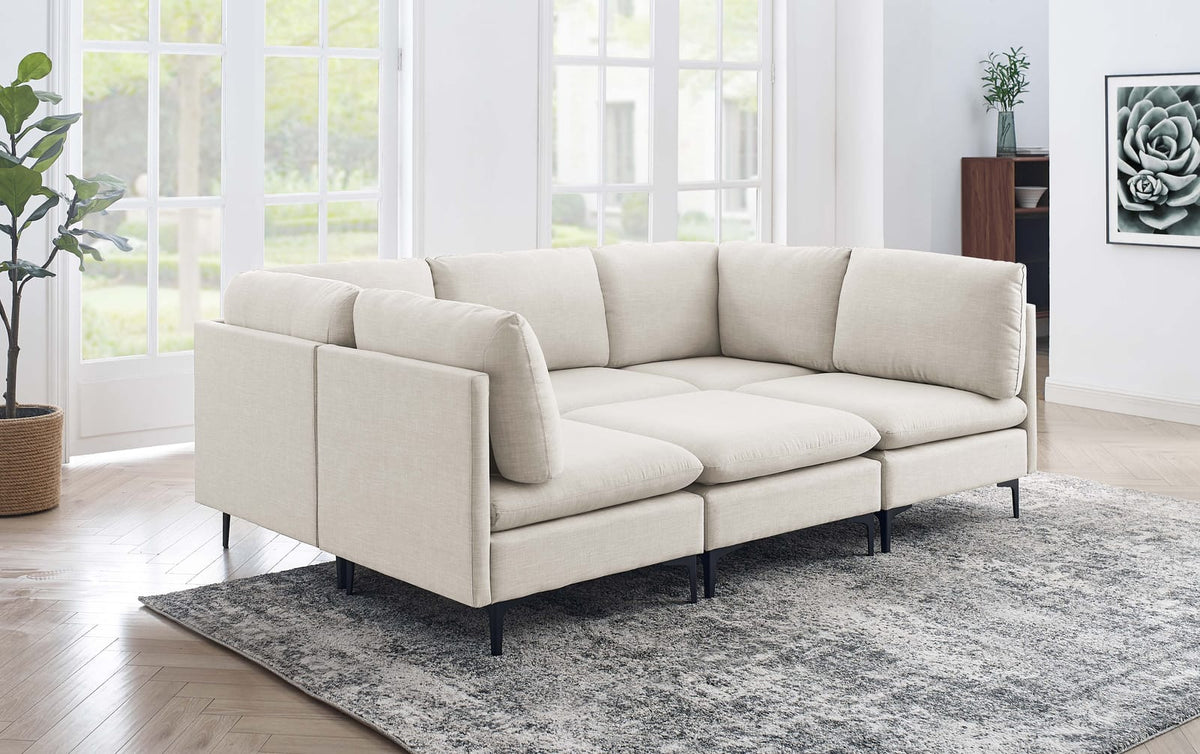 6 Seat Almond Linen Sectional Sofa with Black Metal Legs for Living Room