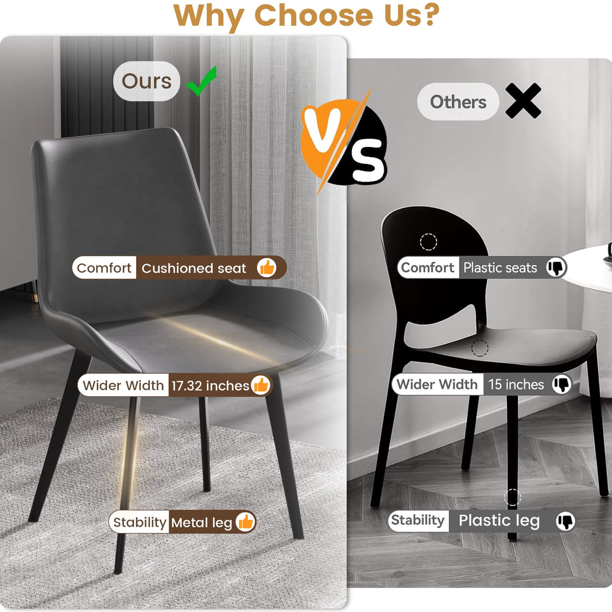 Black Gray Dining Chair Ergonomic PU Seat 2pcs