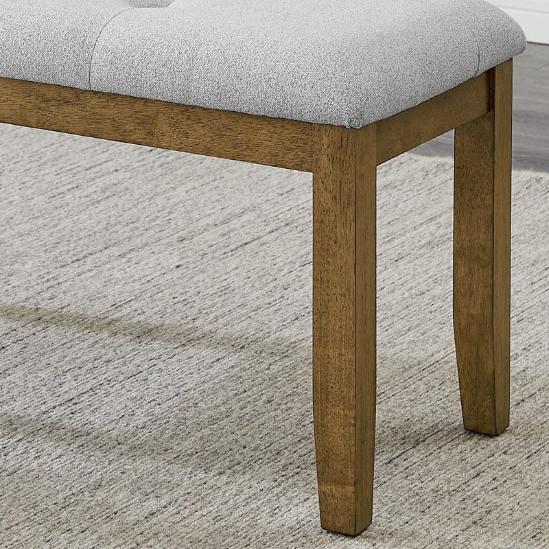Brown Oak Dining Bench with Light Gray Fabric and Tufting