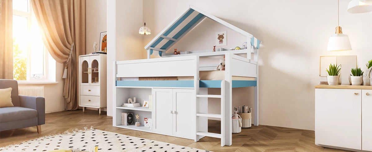 Full Size White Wood Loft Bed with Canopy for Bedroom