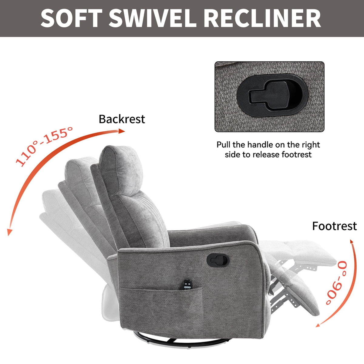 Dark Grey Heat Massage Recliner Chair - Swivel & Rocker