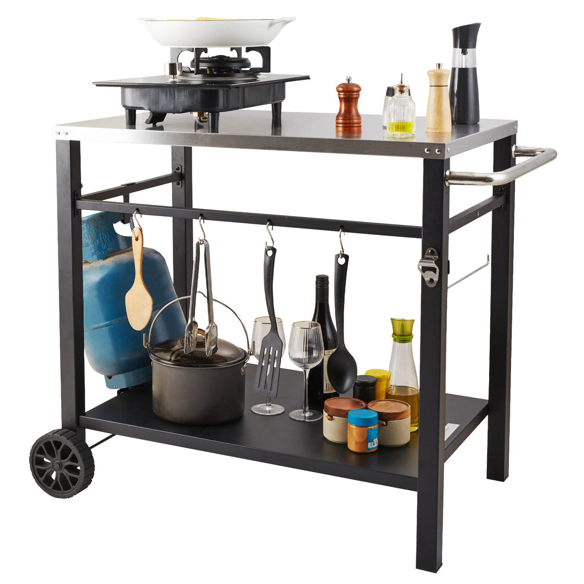 Black Iron BBQ Grill Cart with Stainless Steel Table - 35" Kitchen Island