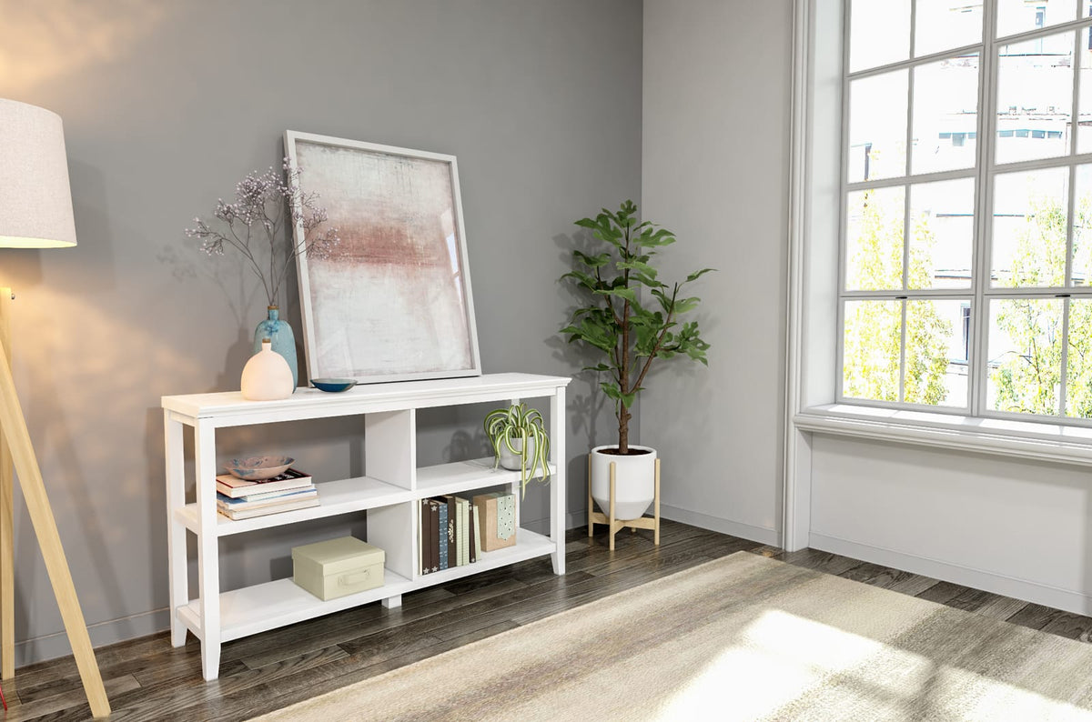 Low White Wood Bookshelf - 2 Shelves, 54" Wide