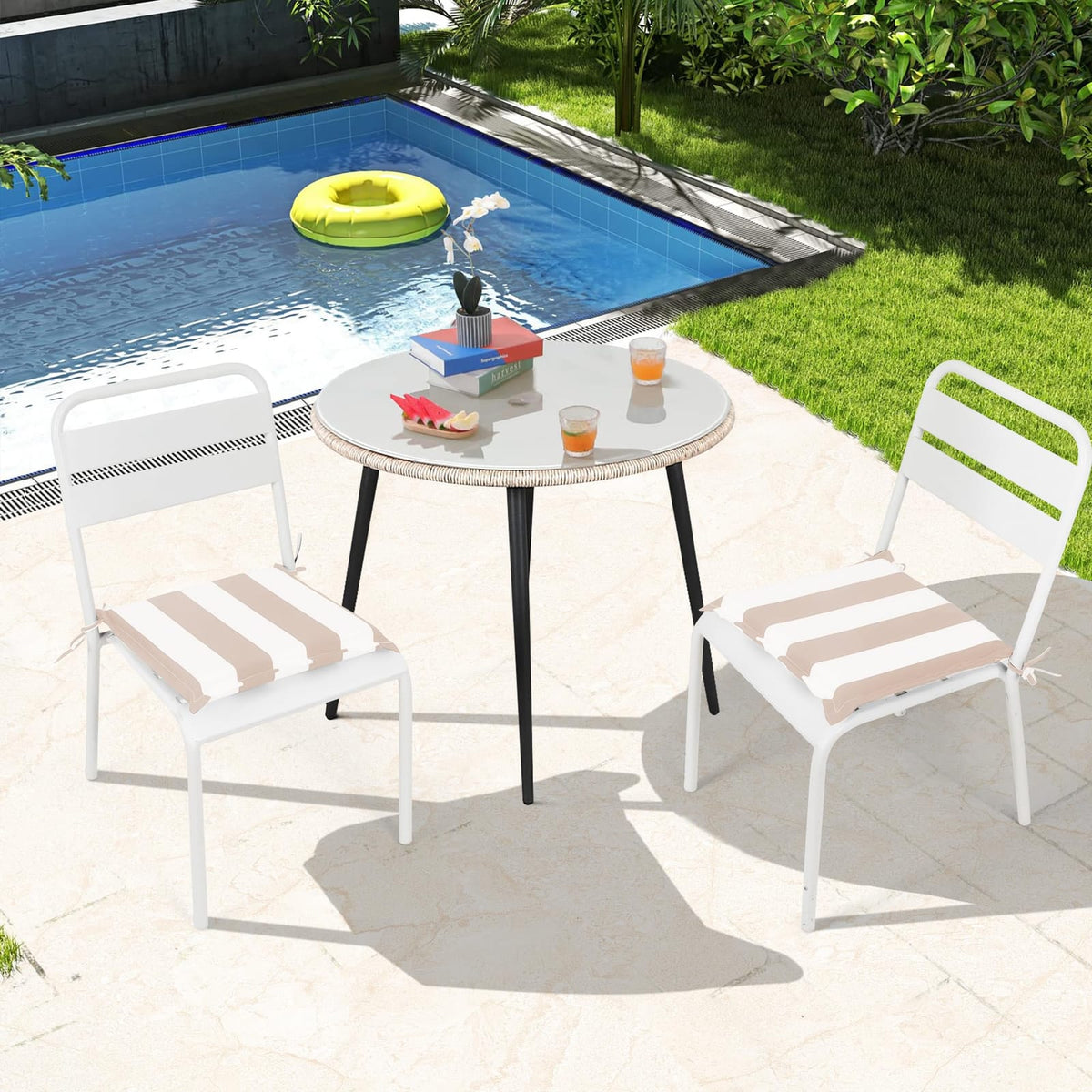 Khaki White Striped Patio Seat Cushions - 4 Piece Set