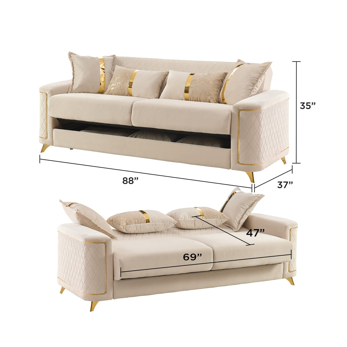Ivory Polyester Sofa - 88" Modern Sofa