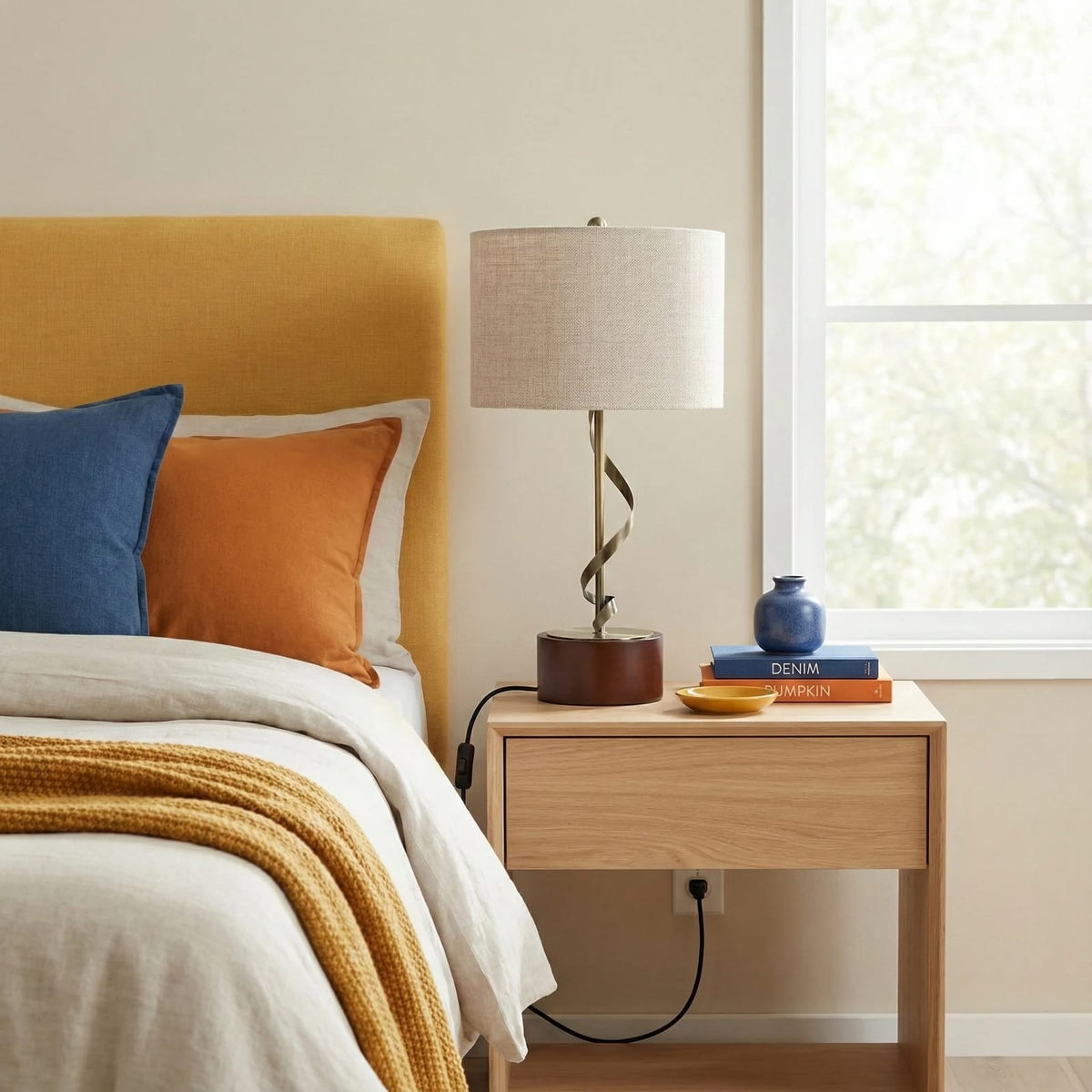 White Wood Bedside Table Lamp with Twisted Metal Stem