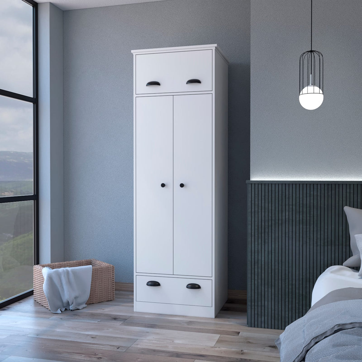 White Modern Armoire with Hinged Drawer & Double Door for Bedroom