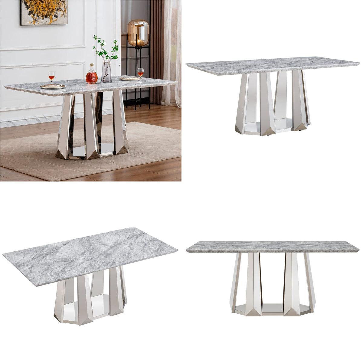 70" Silver Grey Marble Dining Table - Modern Rectangle for 6 People