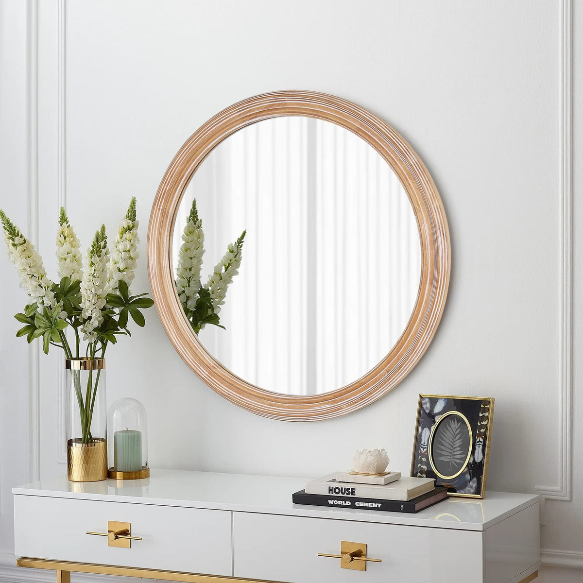 27.5" Round Farmhouse Mirror - Antique Natural Wood Frame