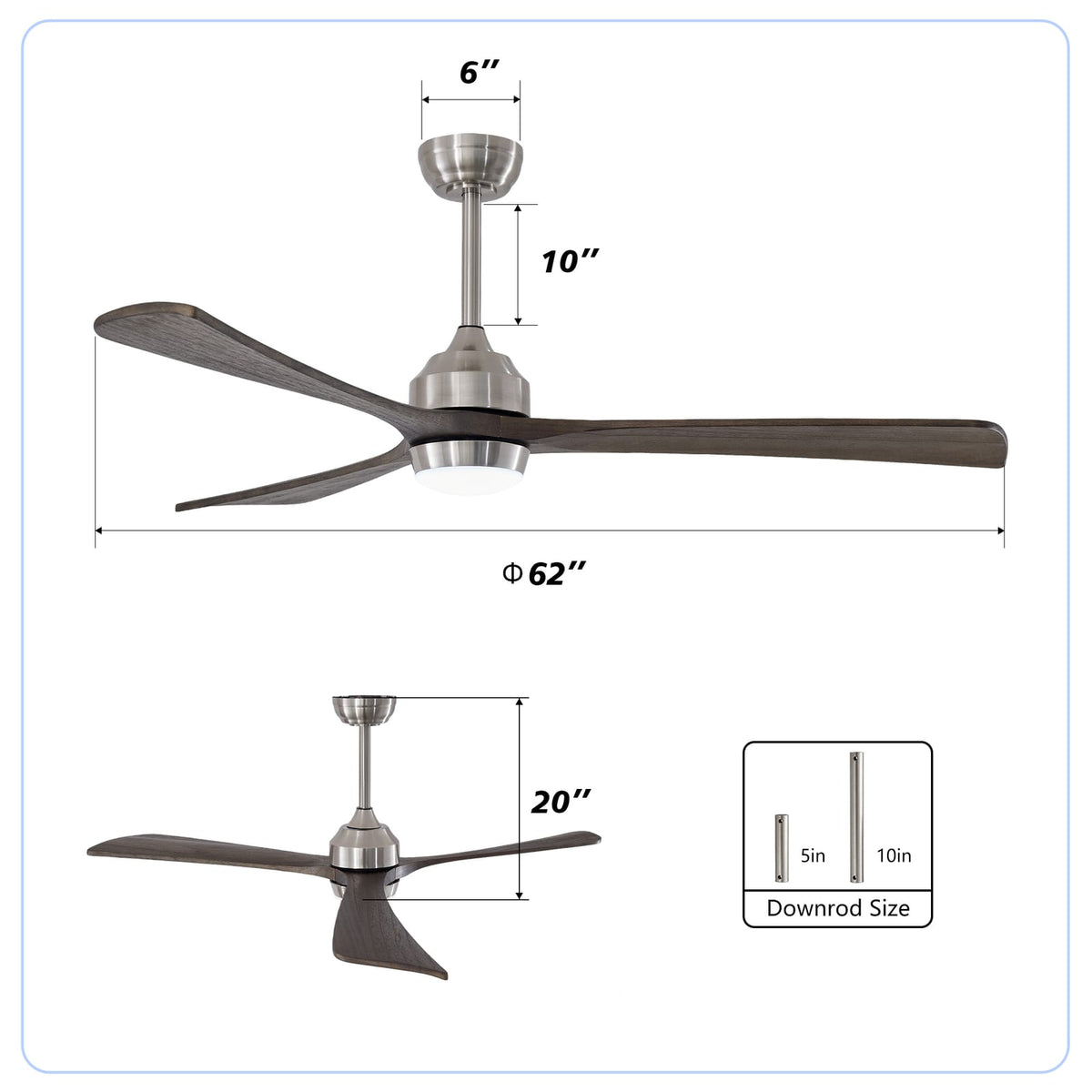 62" Solid Wood Ceiling Fan with Lights - Remote Control, Nickel Finish