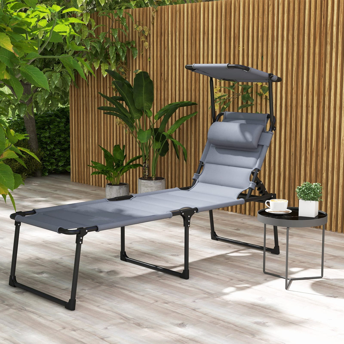 Grey Steel Folding Patio Chaise Lounge with Adjustable Backrest for Outdoor