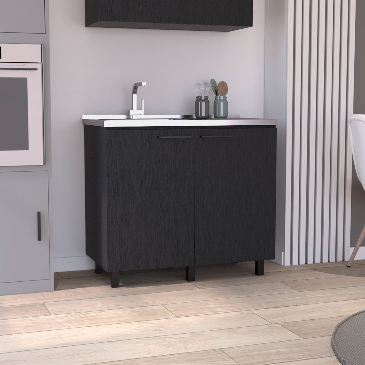 2 Freestanding Utility Base Cabinet - Black, Stainless Steel Countertop