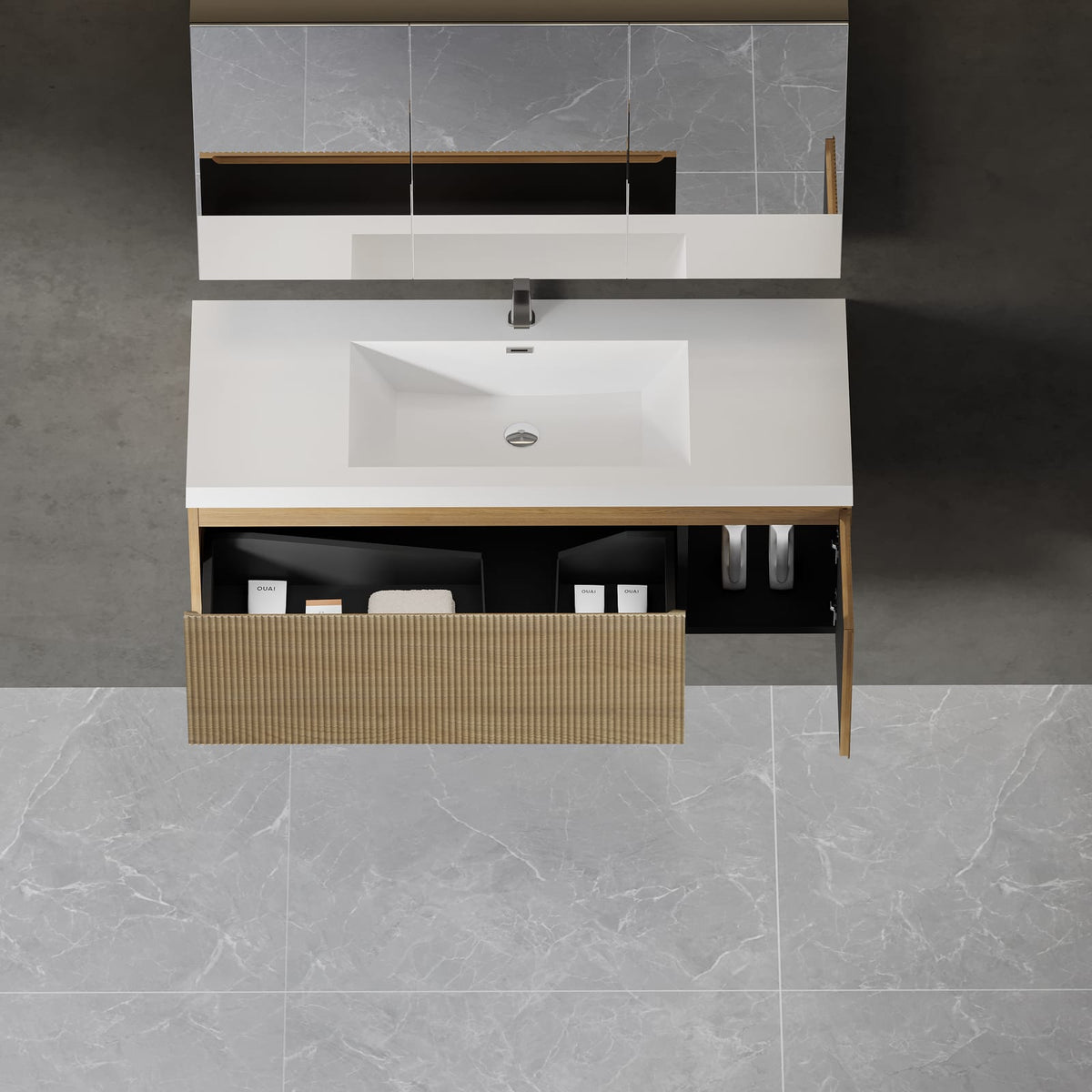 Oak Floating Bathroom Vanity with Sink - 47.2" Wall Mounted Storage