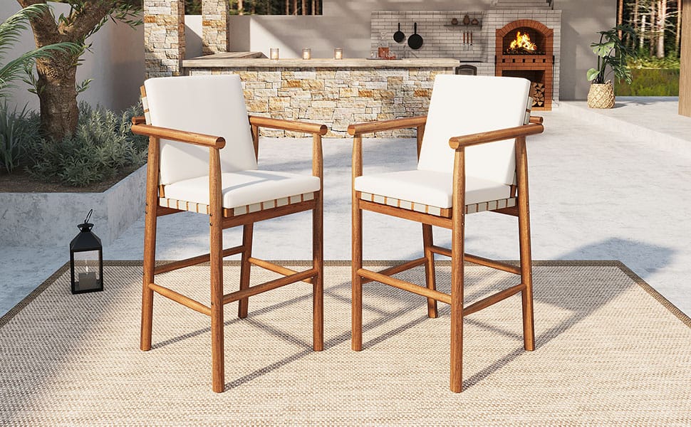 2 Acacia Wood Bar Stools with Beige Cushions - Patio Set