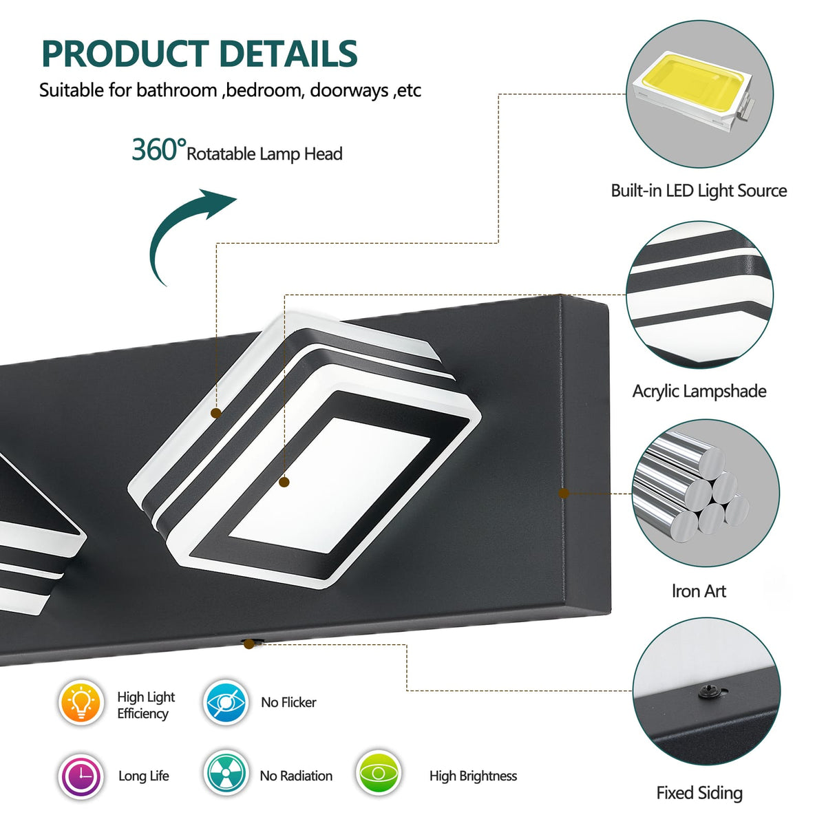 Matte Black Vanity Light Fixtures 3 Lights Up and Down LED Modern Bathroom Lighting