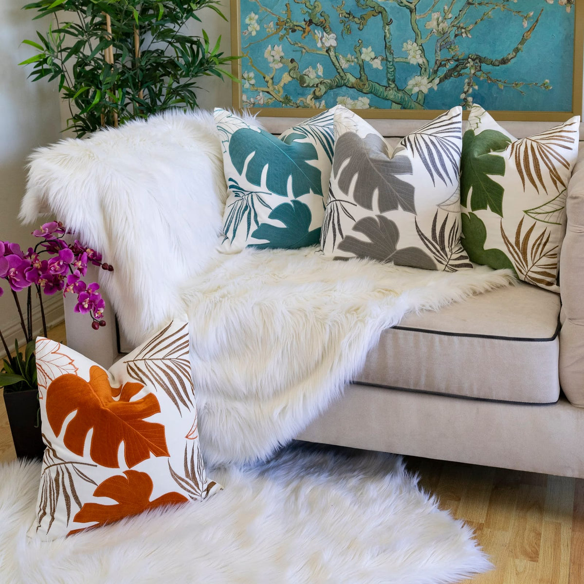 Gray Polyester Leaf Accent Pillow Cover 20x20"
