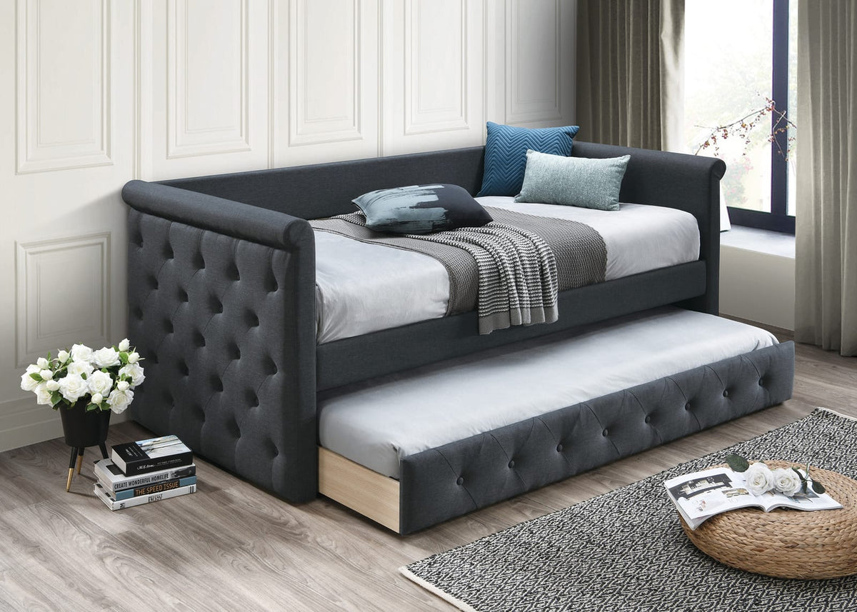 Charcoal Burlap Button Tufted Day Bed for Contemporary Bedroom