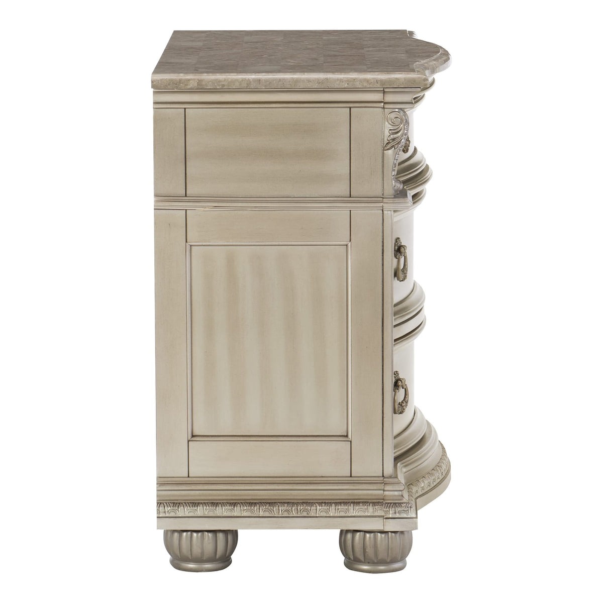 Silver Finish Nightstand with Marble Top - Traditional Bedroom Furniture