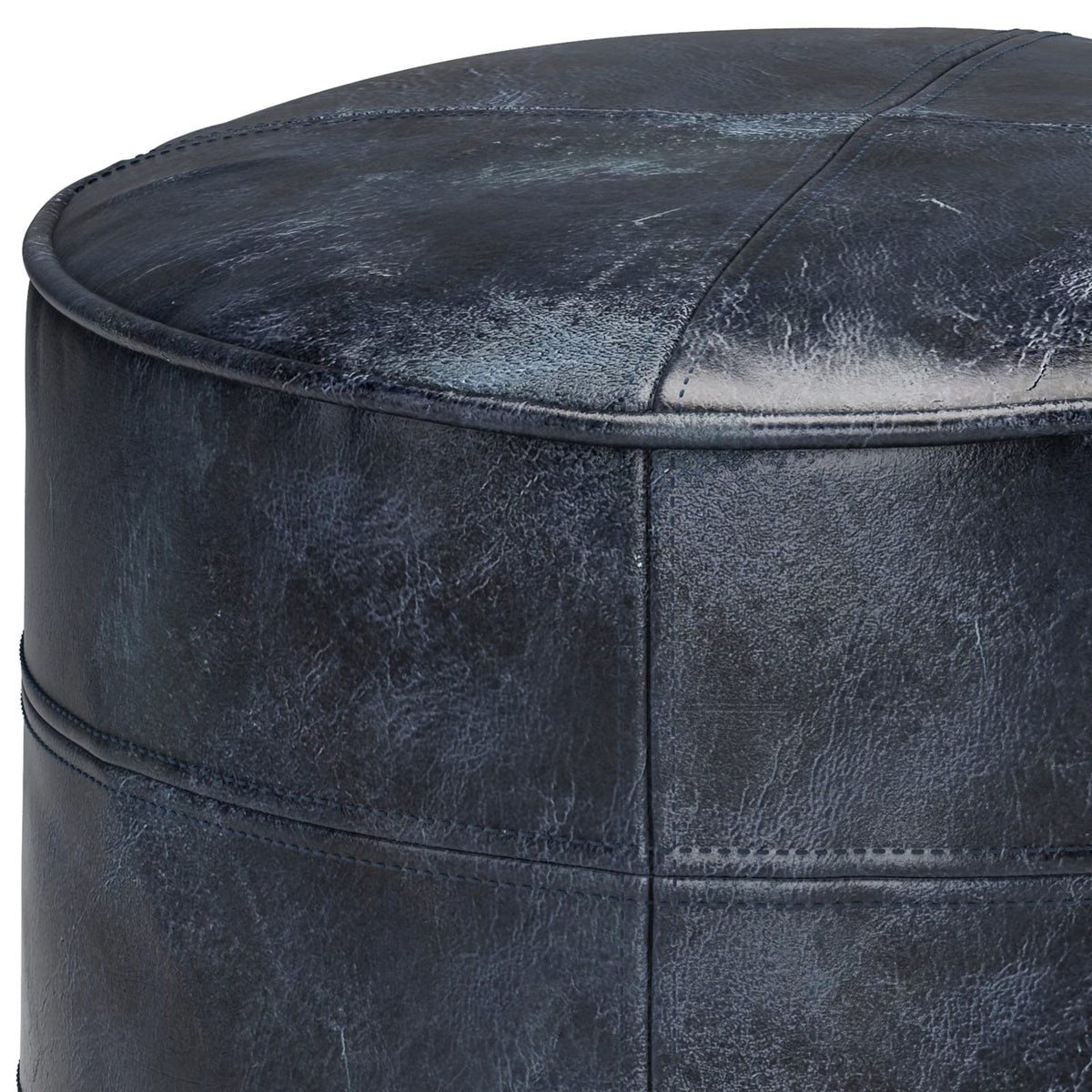 Distressed Blue Leather Pouf for Living Room Comfort and Storage
