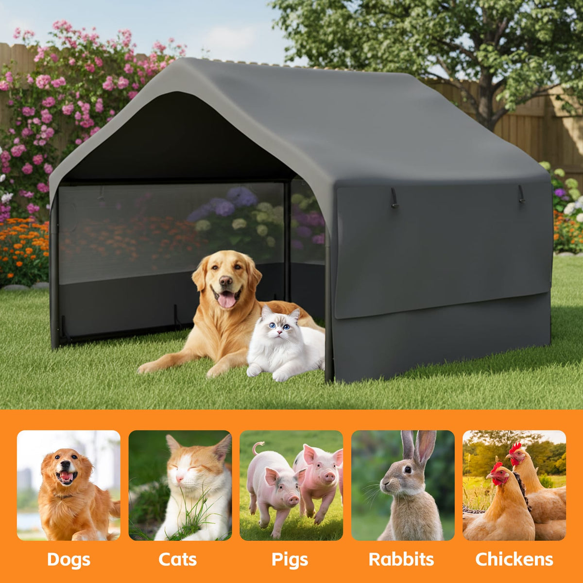 Extra Large Outdoor Dog House Tent - 4'x4' Gray, Breathable & Weatherproof
