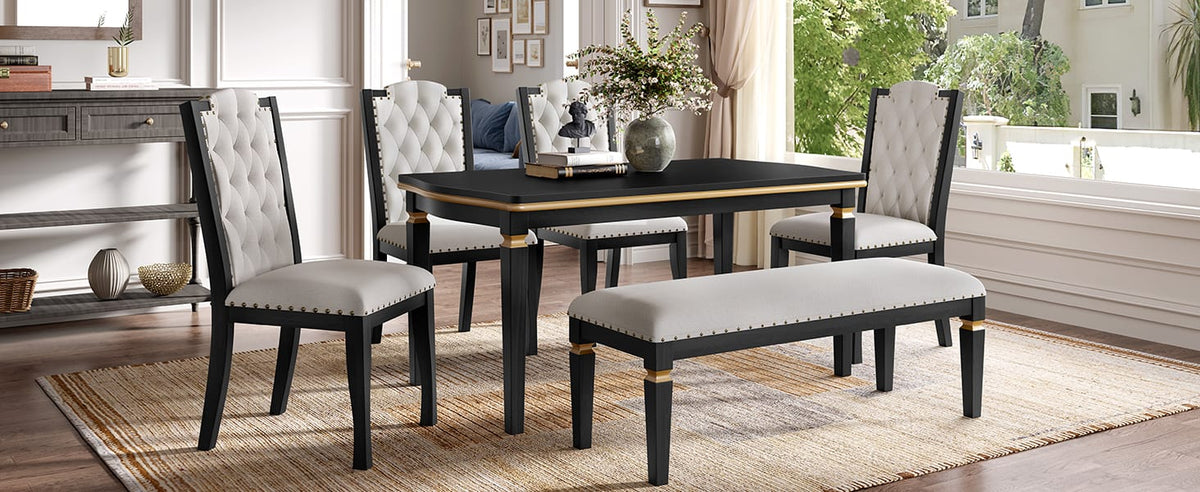6-Person Black Dining Table Set - Rectangular Solid Wood Table & Upholstered Chairs