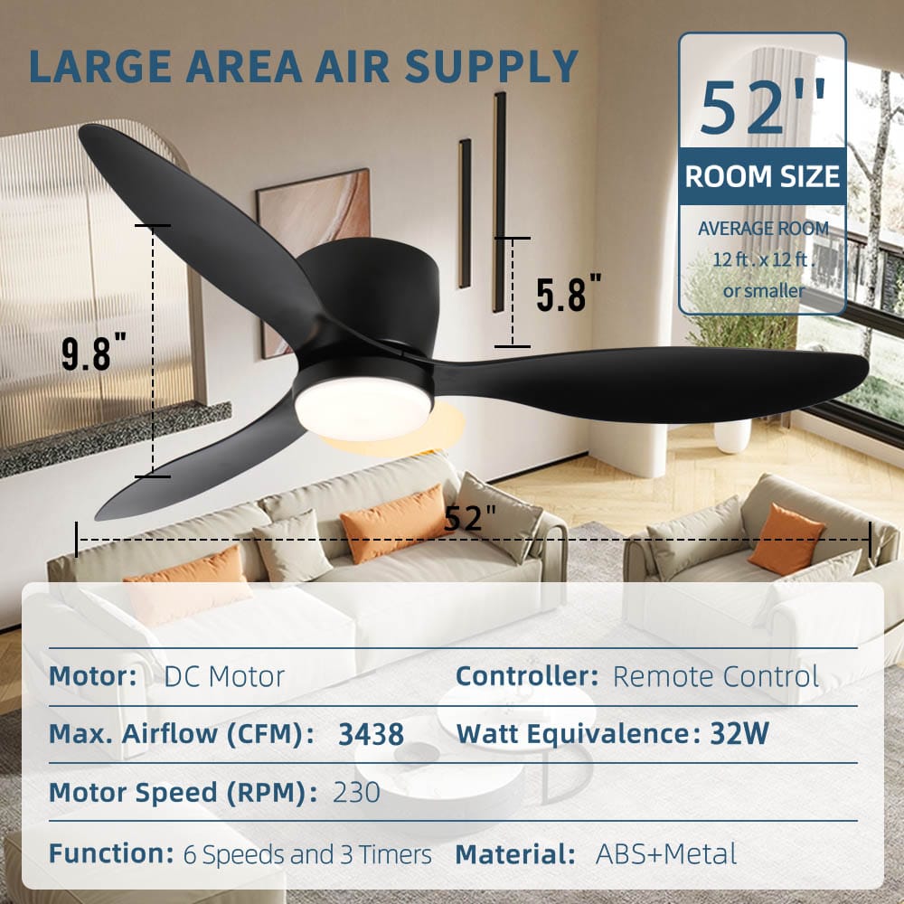52" Smart Ceiling Fan with Lights - Black & Remote Control