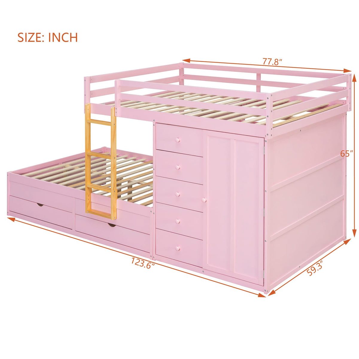 Full Size Bunk Bed Pink Wood Frame Storage Bed