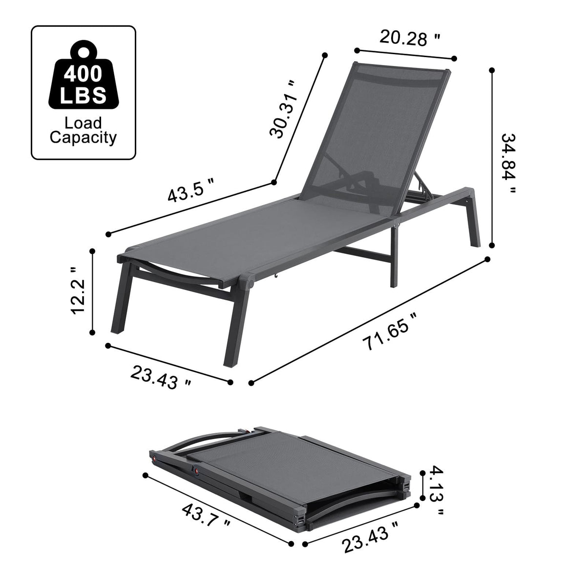 Dark Gray Aluminum Patio Chaise Lounge Chair - 5 Positions
